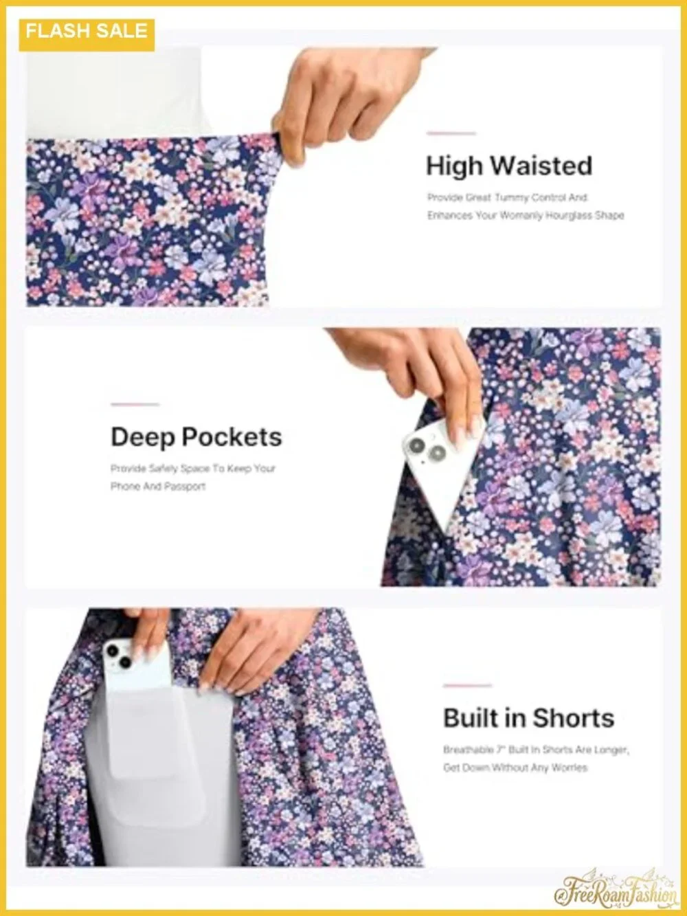 24-inch Long Skort with Pockets, High Waist, Built-in Shorts, Stretchy